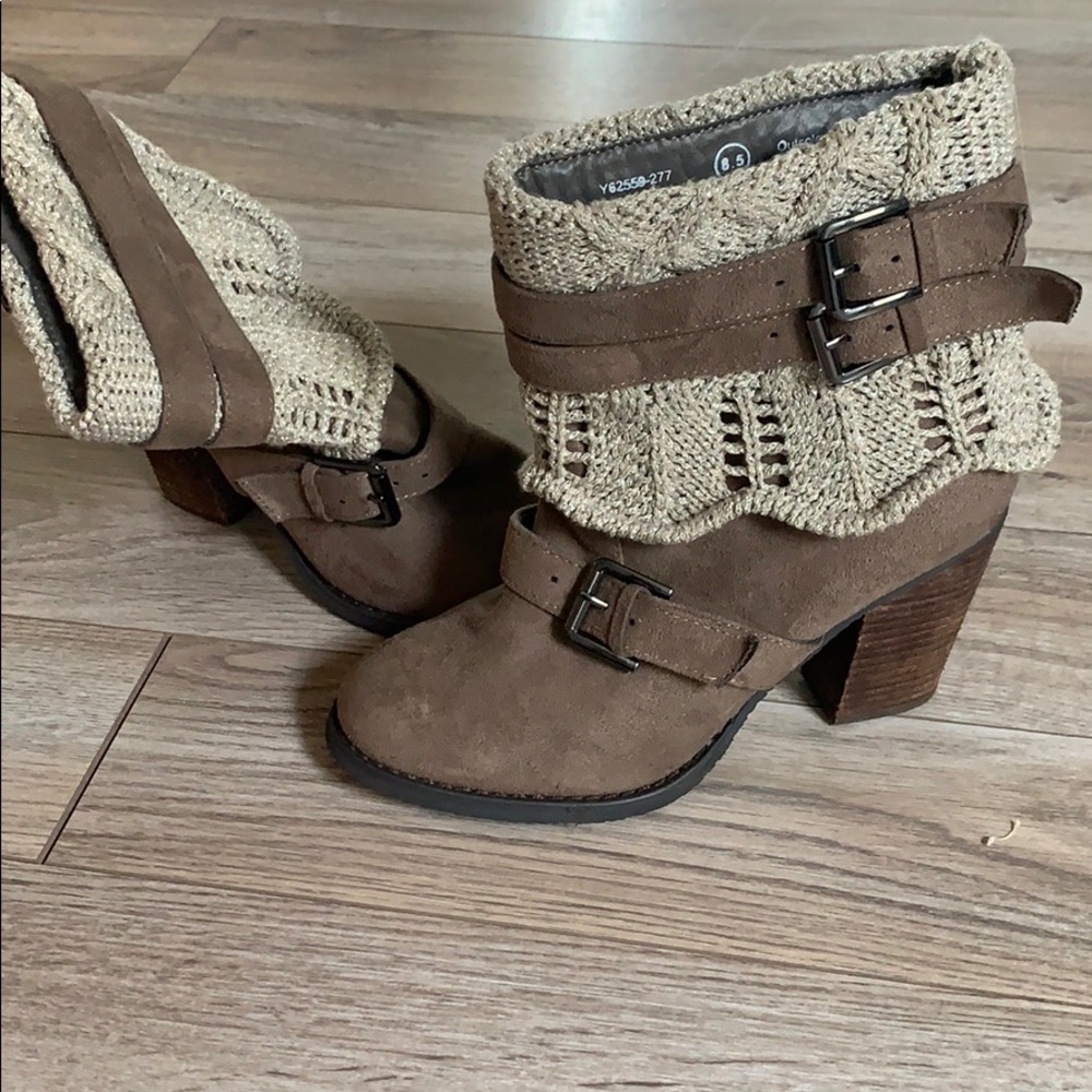 Taupe booties with sweater detail and buckles